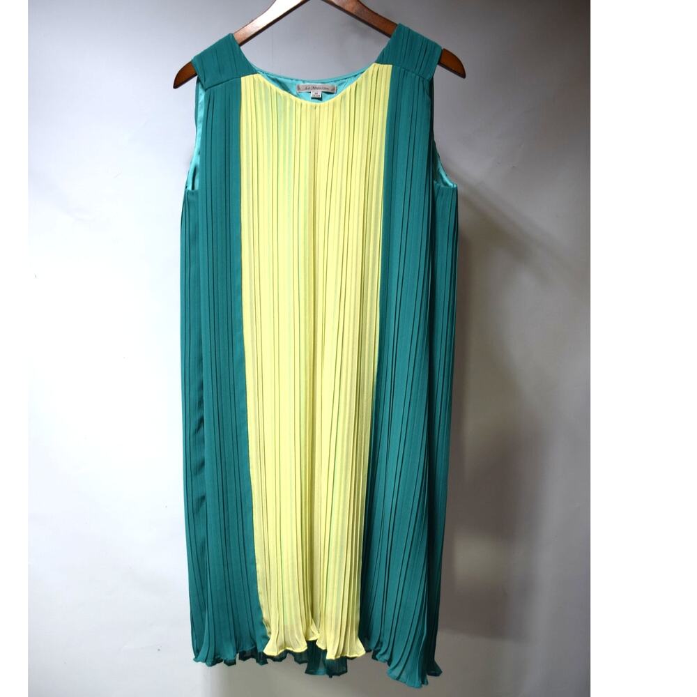 La Matta Bottega Women’s Size 42 Teal Lime Green Pleated Colorblock Shift Dress